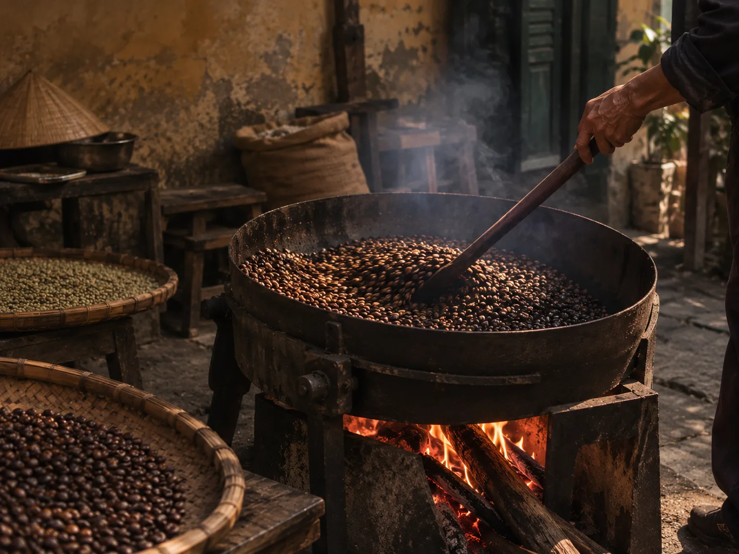Grains de robusta torréfiés au feu de bois