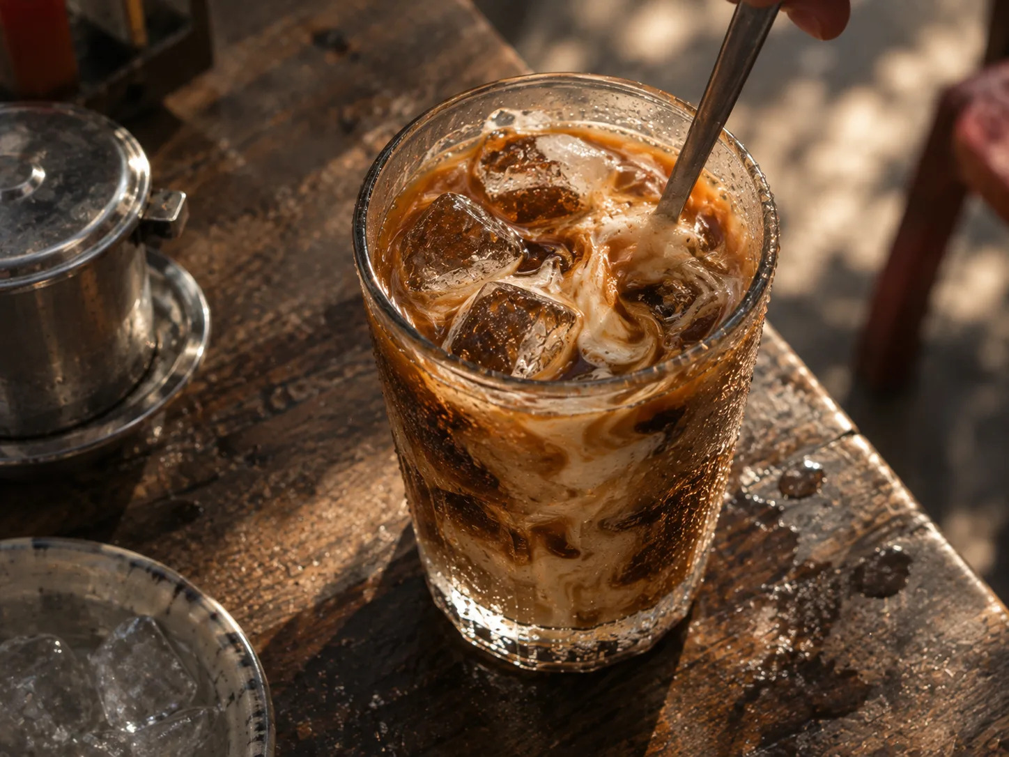 Café glacé au lait concentré, en train d'être remué