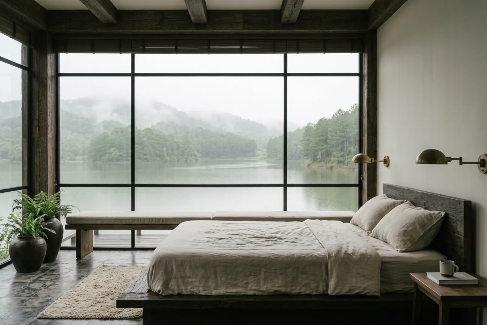 Nhà Chân Trần — phòng ngủ lớn nhìn ra mặt nước