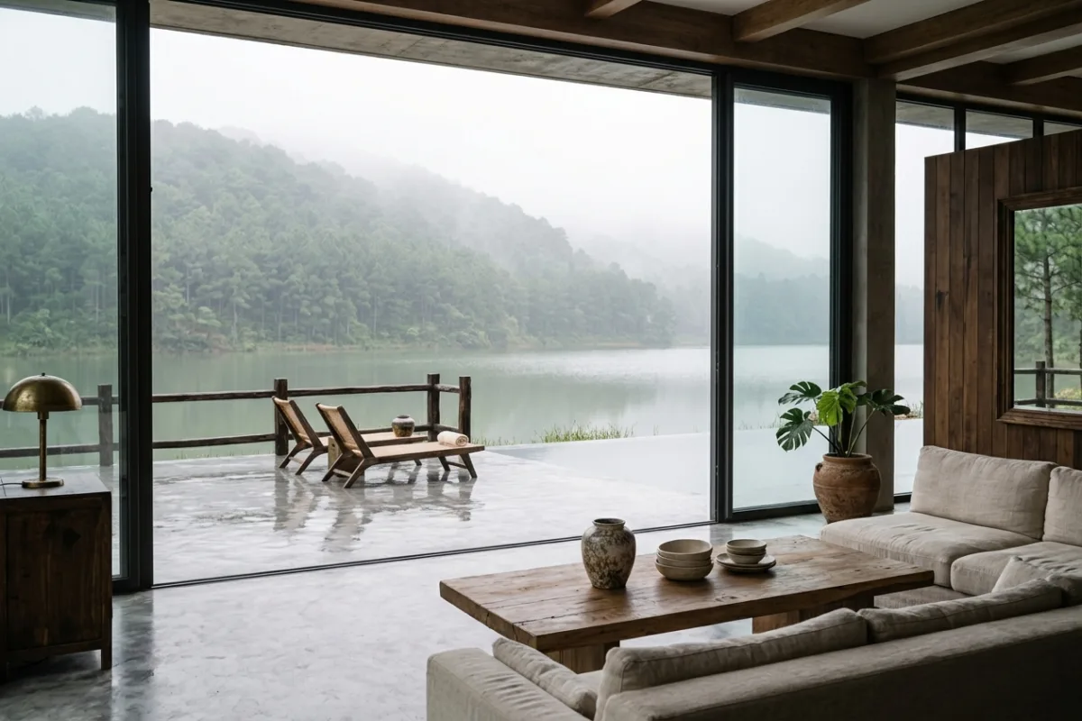 Phòng khách mở ra hiên, nhìn xuống mặt hồ