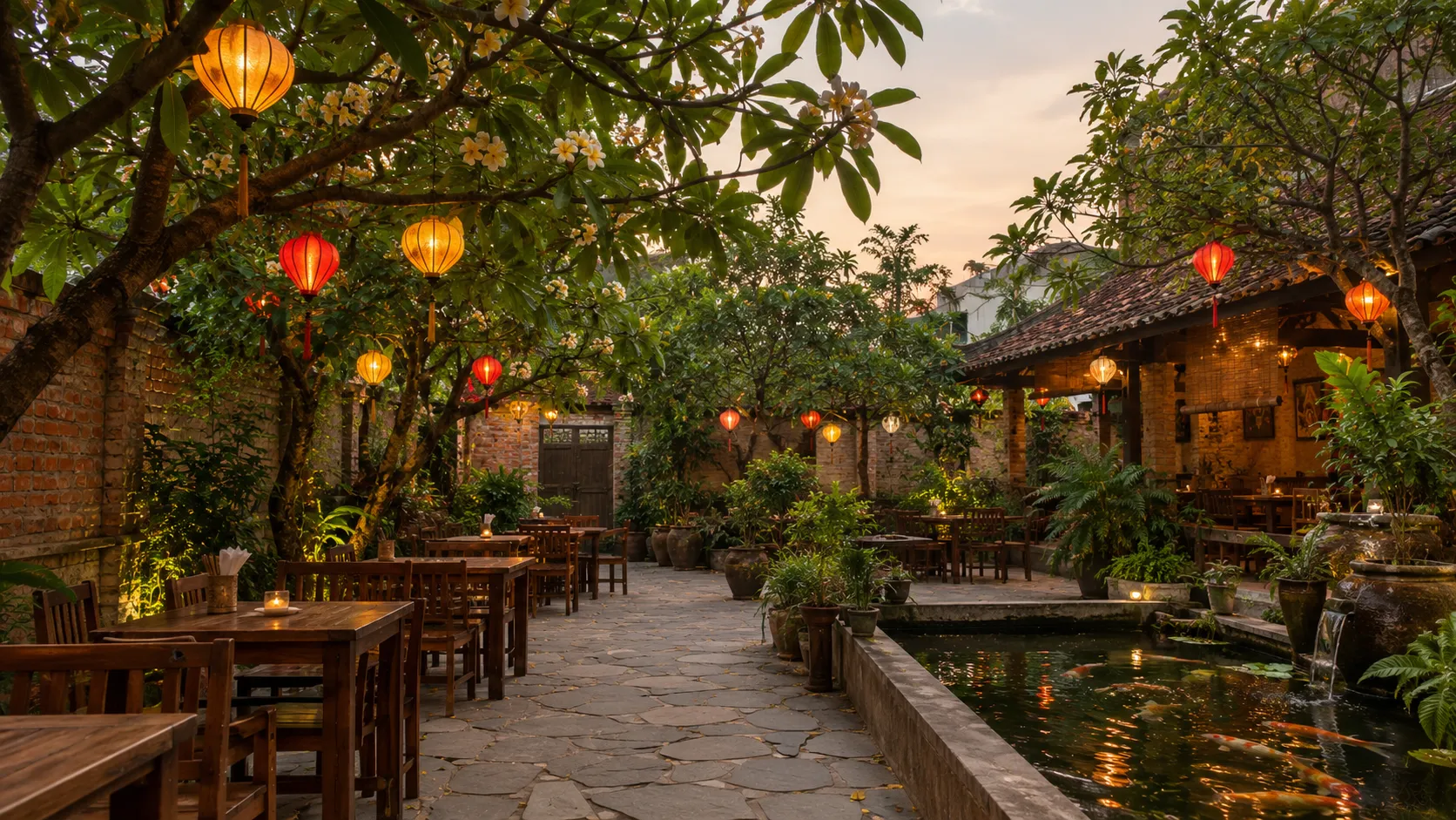 Phòng ăn Vườn Vàng trong ánh đèn vàng