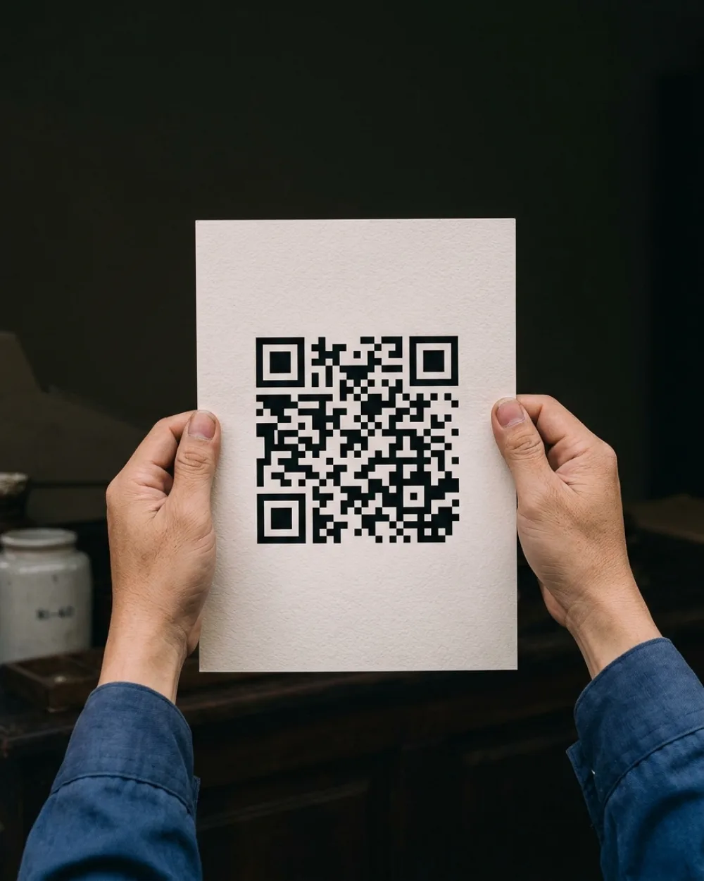 Tấm áp phích mã QR cầm trên tay, trước một quầy hàng ở Hà Nội